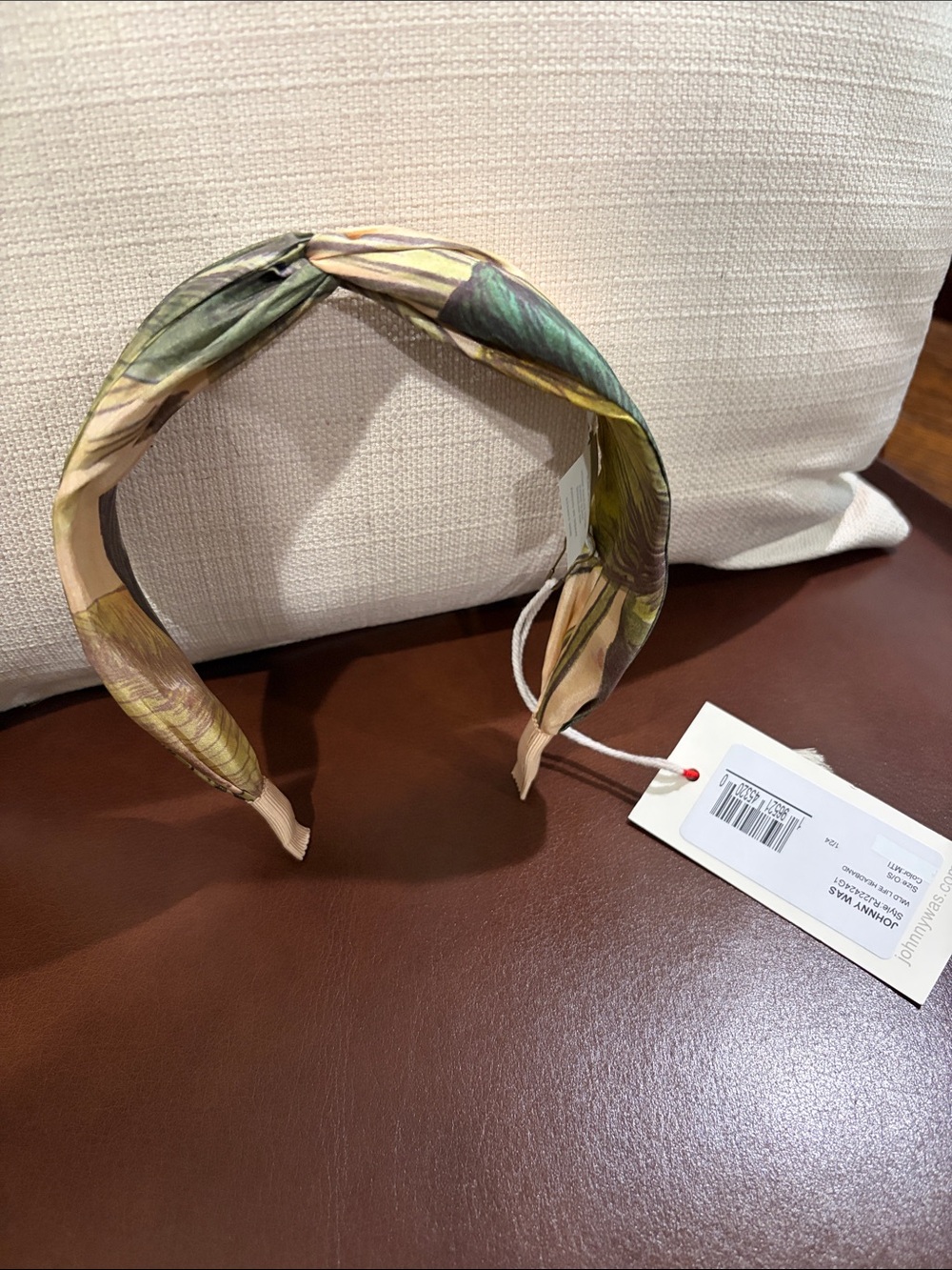 Johnny Was Knotted Silk Headband in Green & Beige Wildlife Floral